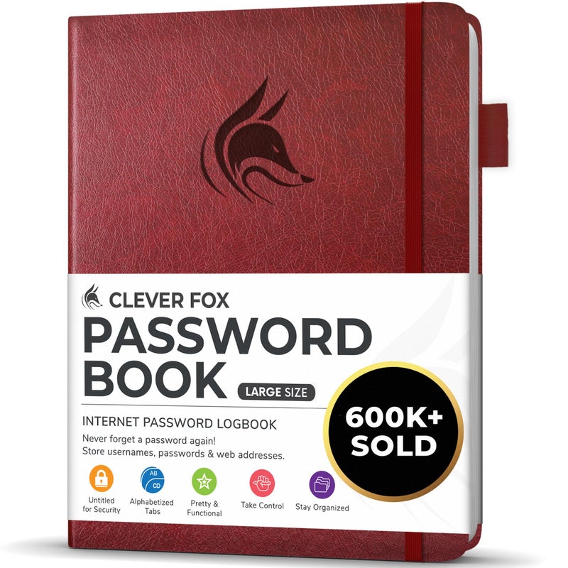 Clever Fox Password Book with alphabetical tabs. Internet Address Organizer Logbook. Large Password Keeper for Website Logins (Wine Red) - Image 1
